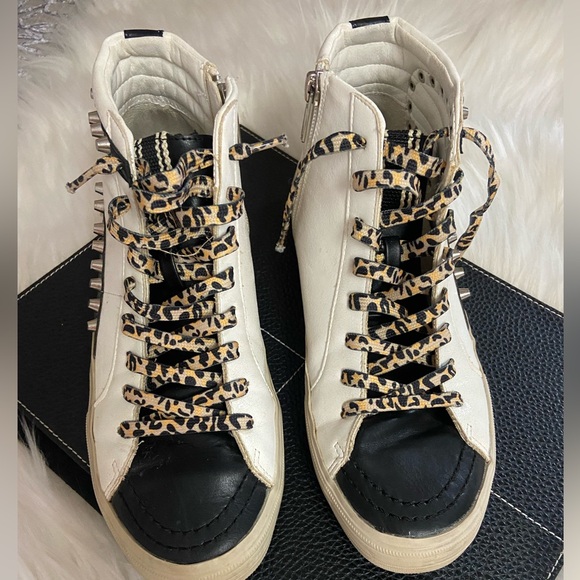 ShuShop White and Black High-Top Sneakers with Leopard Accents - Picture 3 of 11